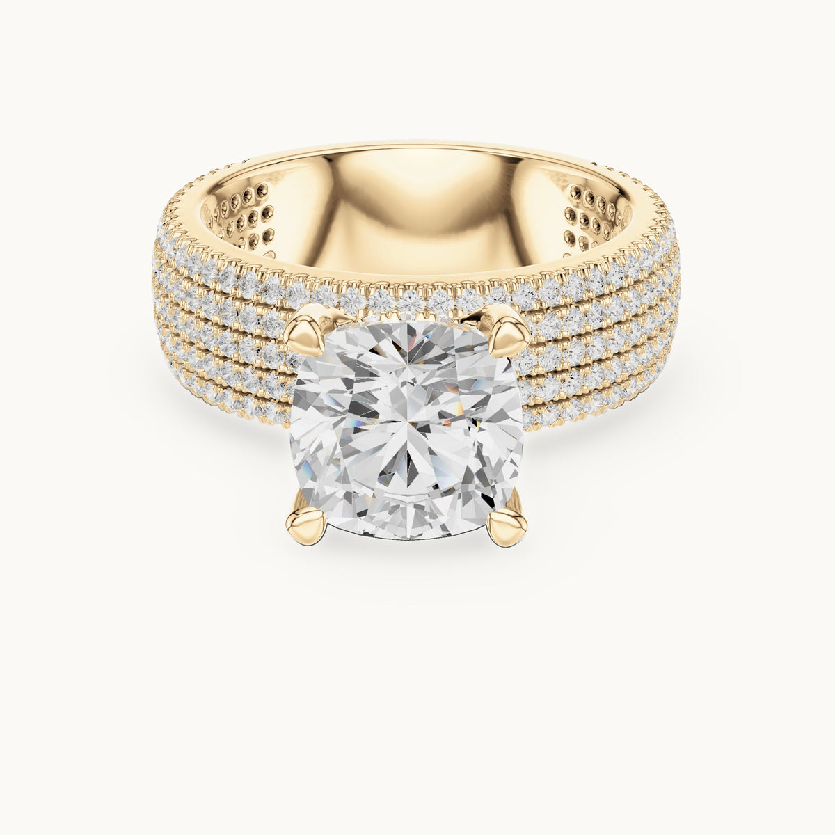 Cushion-cut and round lab-grown diamond wide multi-row pavé engagement ring in yellow gold, 3.806 CT TW, view 4