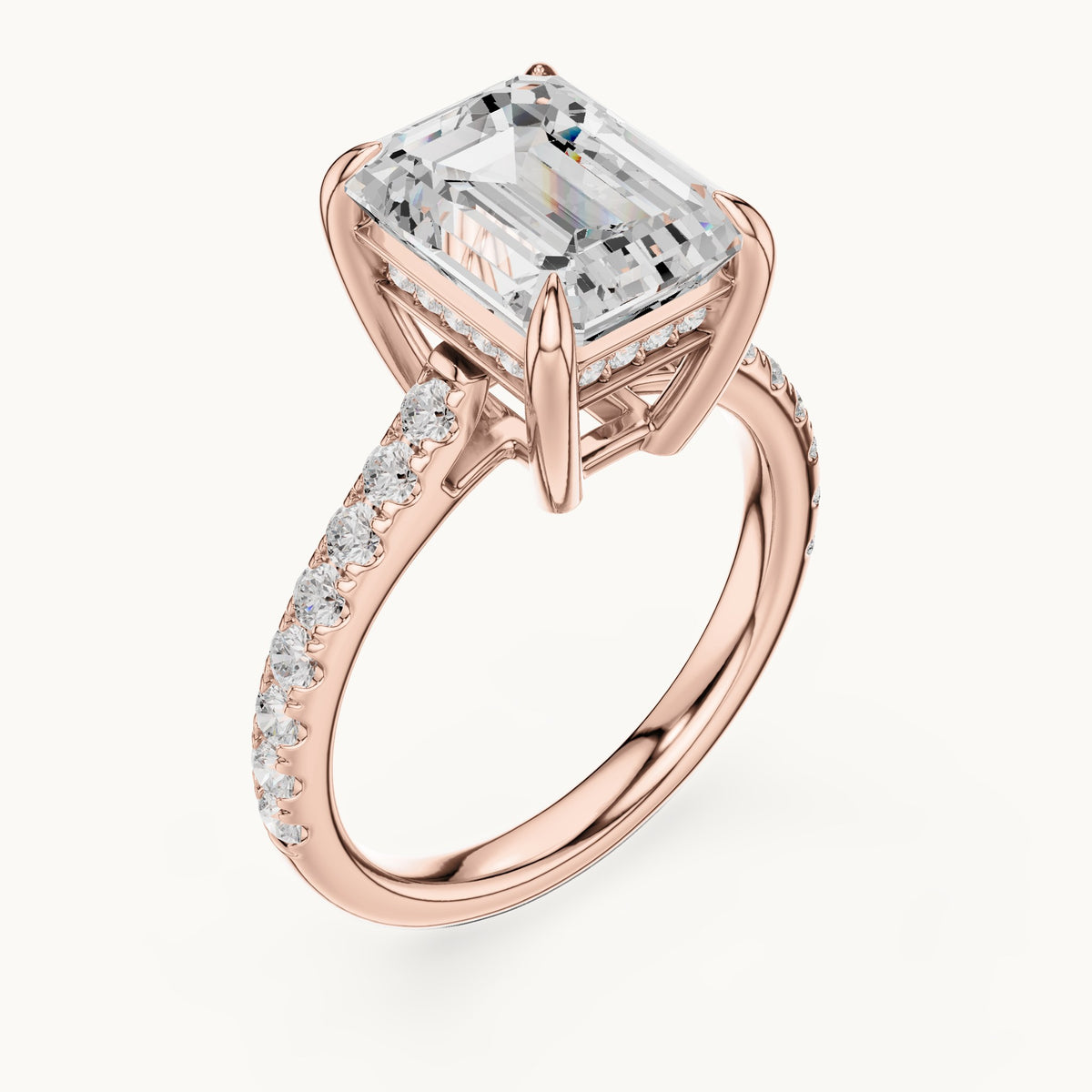 Emerald-cut and round lab-grown diamond hidden halo pavé engagement ring in rose gold, 4.588 CT TW, view 2