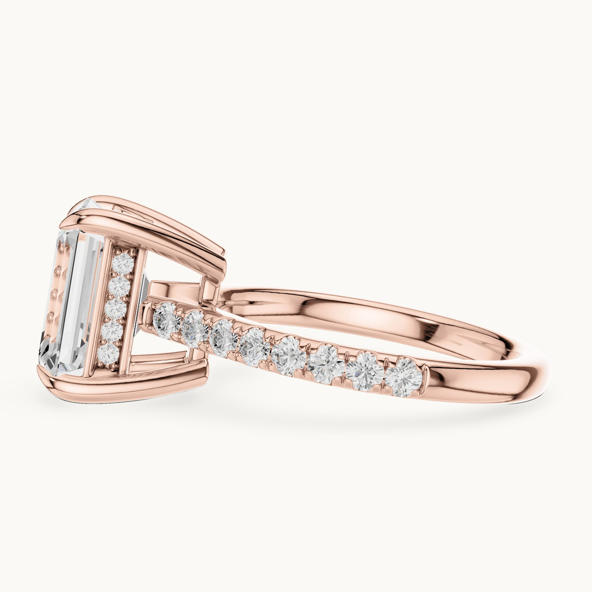 Emerald-cut and round lab-grown diamond hidden halo pavé engagement ring in rose gold, 4.588 CT TW, view 3