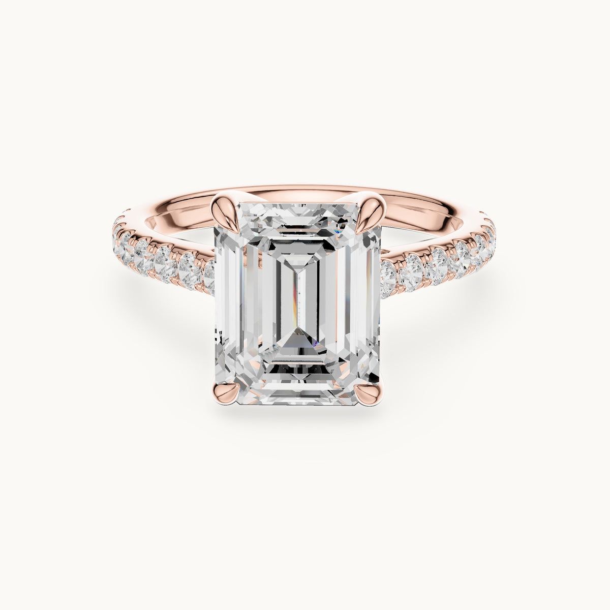 Emerald-cut and round lab-grown diamond hidden halo pavé engagement ring in rose gold, 4.588 CT TW, view 4