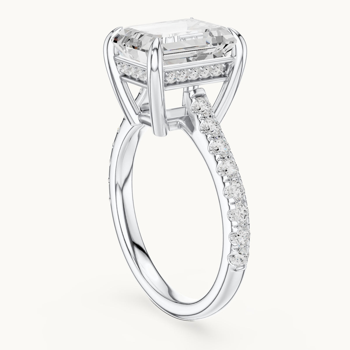 Emerald-cut and round lab-grown diamond hidden halo pavé engagement ring in white gold, 4.588 CT TW, view 1