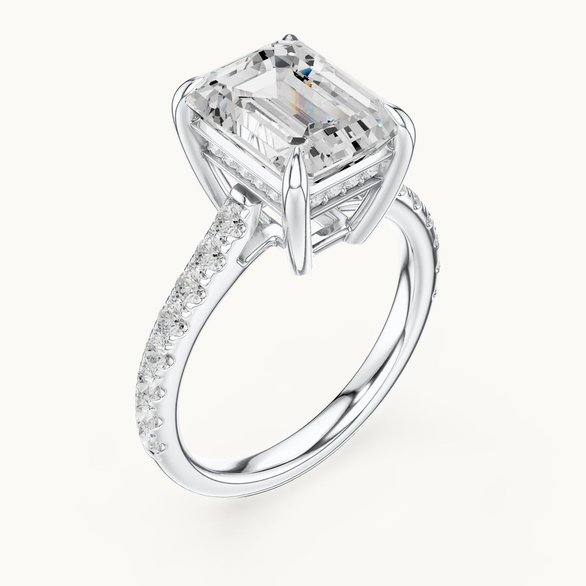 Emerald-cut and round lab-grown diamond hidden halo pavé engagement ring in white gold, 4.588 CT TW, view 2