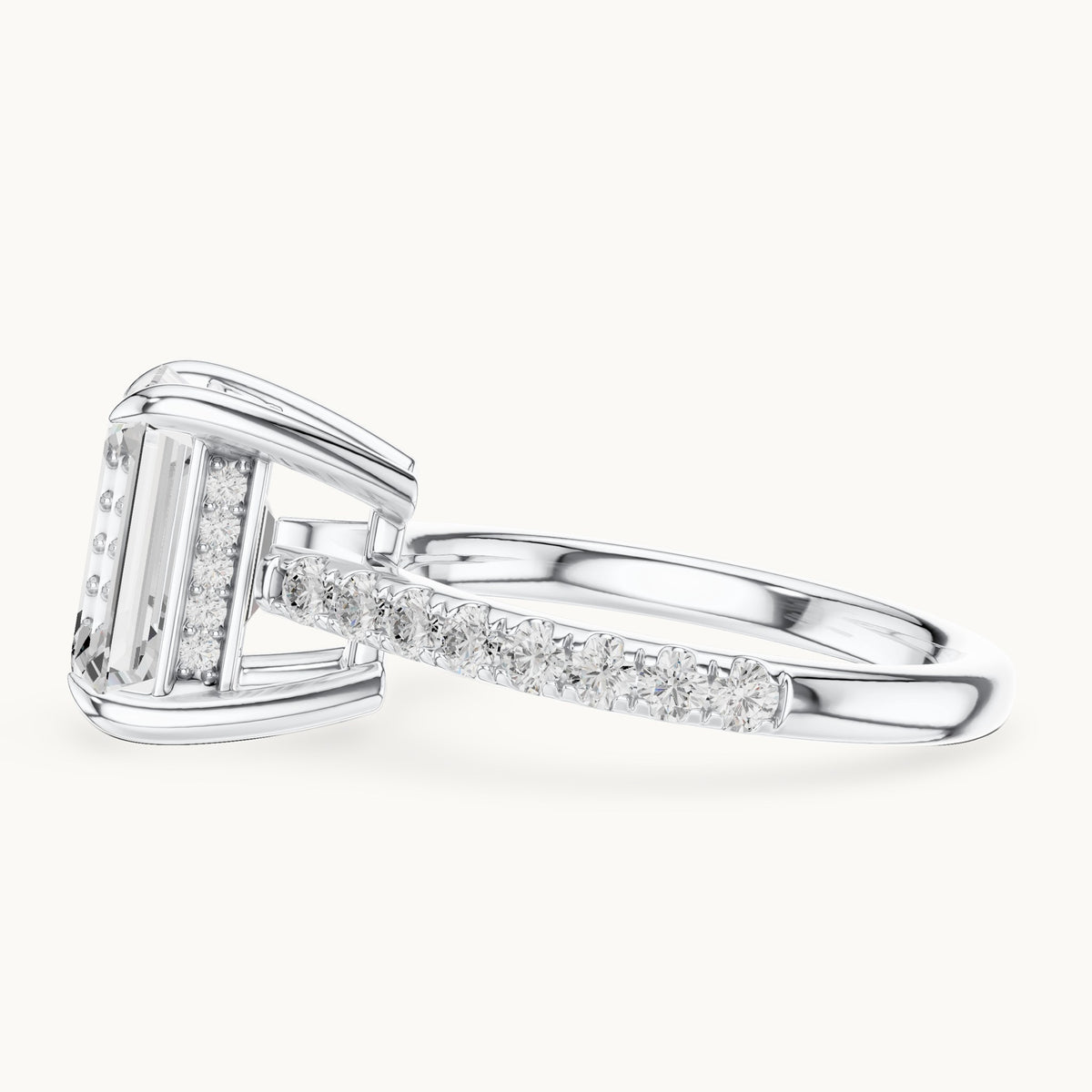 Emerald-cut and round lab-grown diamond hidden halo pavé engagement ring in white gold, 4.588 CT TW, view 3