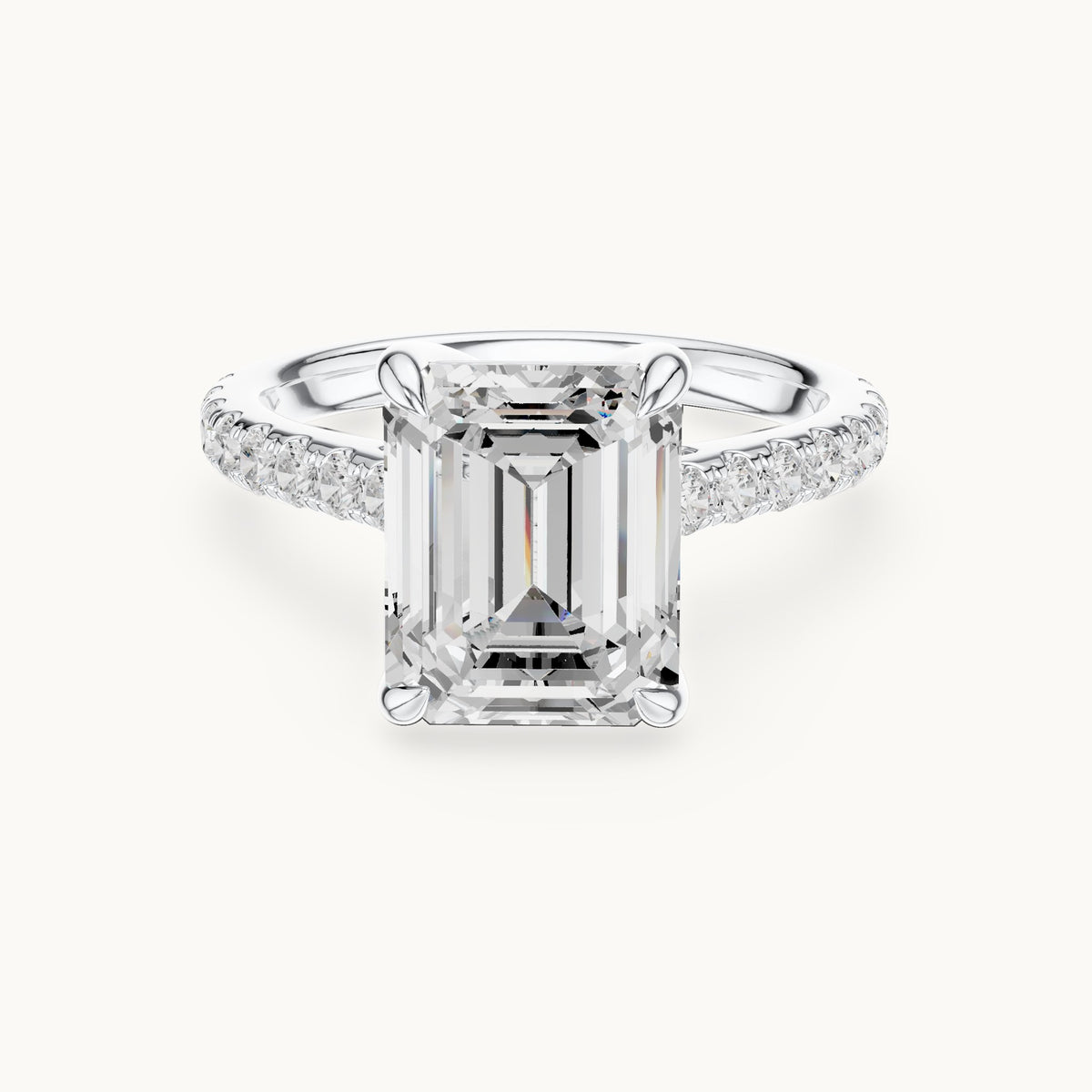 Emerald-cut and round lab-grown diamond hidden halo pavé engagement ring in white gold, 4.588 CT TW, view 4