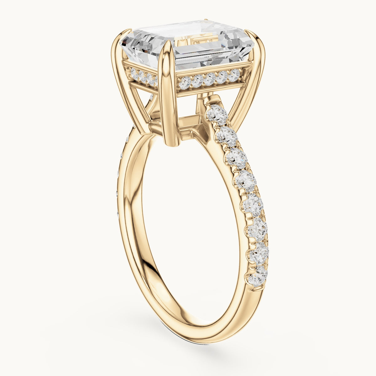 Emerald-cut and round lab-grown diamond hidden halo pavé engagement ring in yellow gold, 4.588 CT TW, view 1
