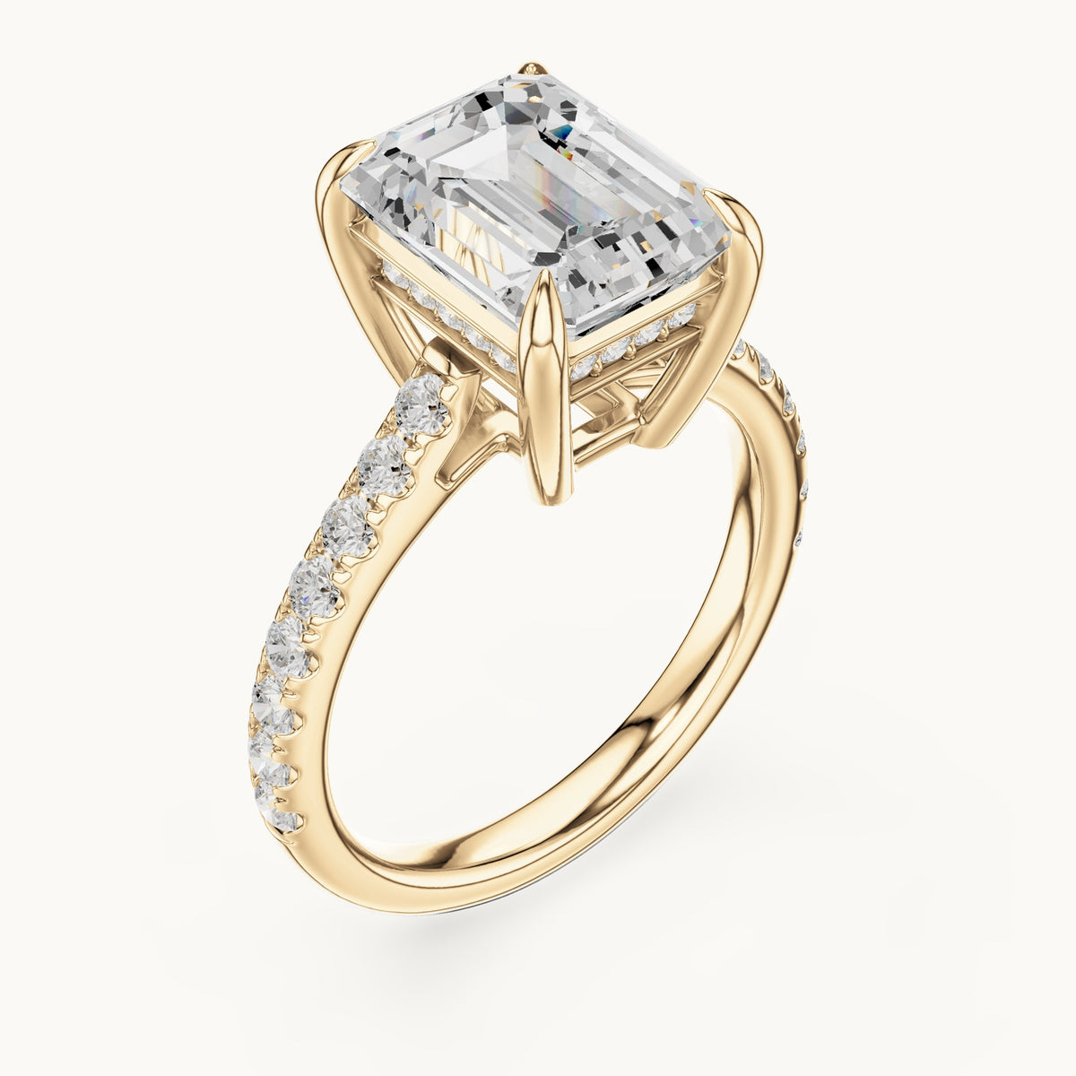 Emerald-cut and round lab-grown diamond hidden halo pavé engagement ring in yellow gold, 4.588 CT TW, view 2