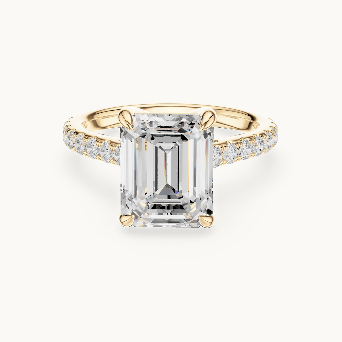 Emerald-cut and round lab-grown diamond hidden halo pavé engagement ring in yellow gold, 4.588 CT TW, view 4