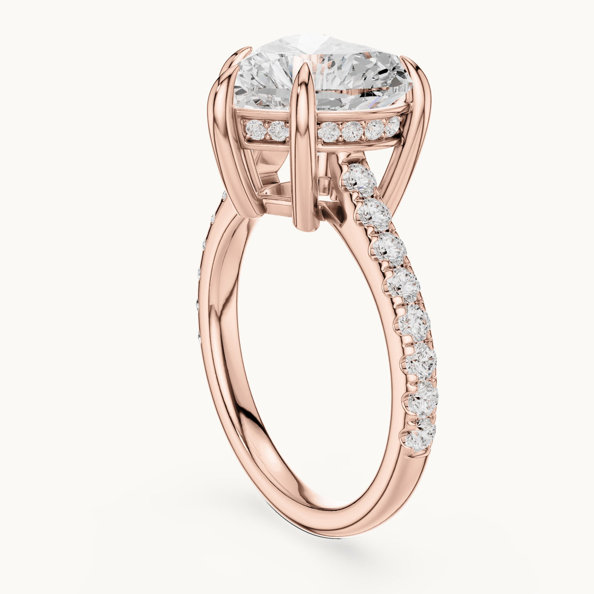 Heart and round lab-grown diamond hidden halo pavé engagement ring in rose gold, 4.476 CT TW, view 1