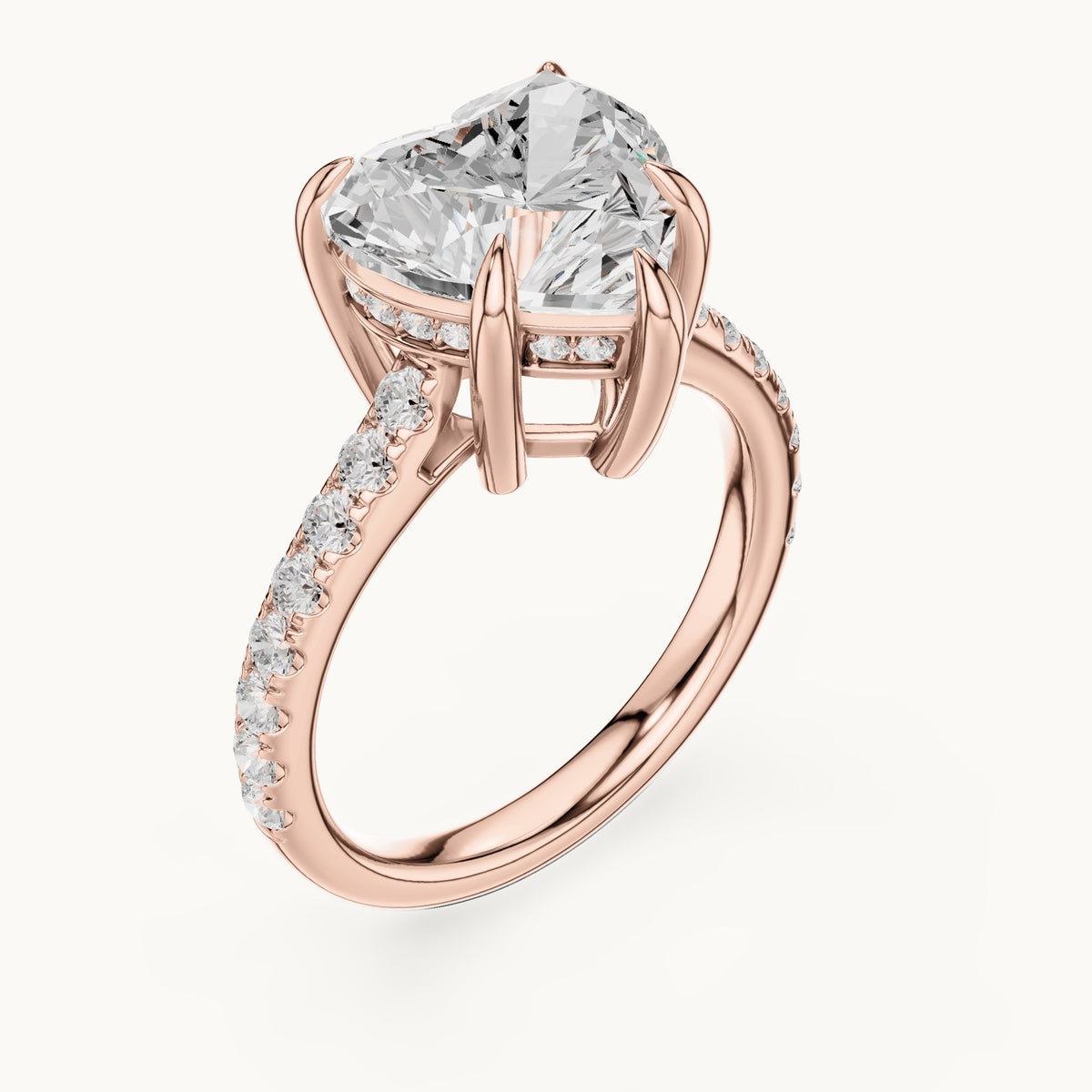 Heart and round lab-grown diamond hidden halo pavé engagement ring in rose gold, 4.476 CT TW, view 2