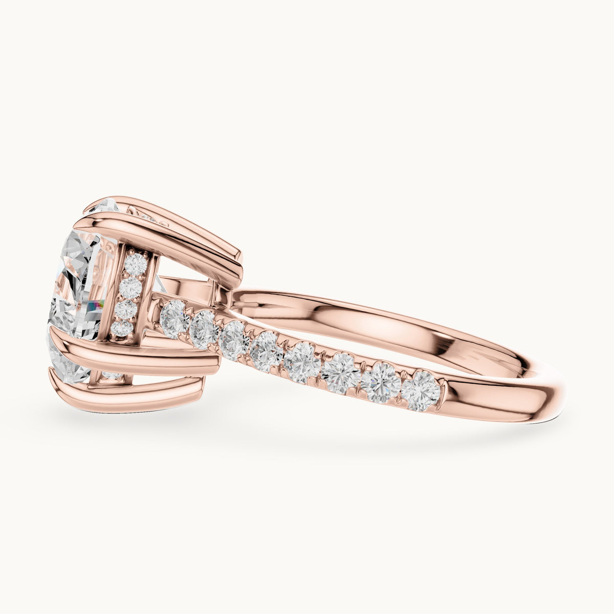Heart and round lab-grown diamond hidden halo pavé engagement ring in rose gold, 4.476 CT TW, view 3