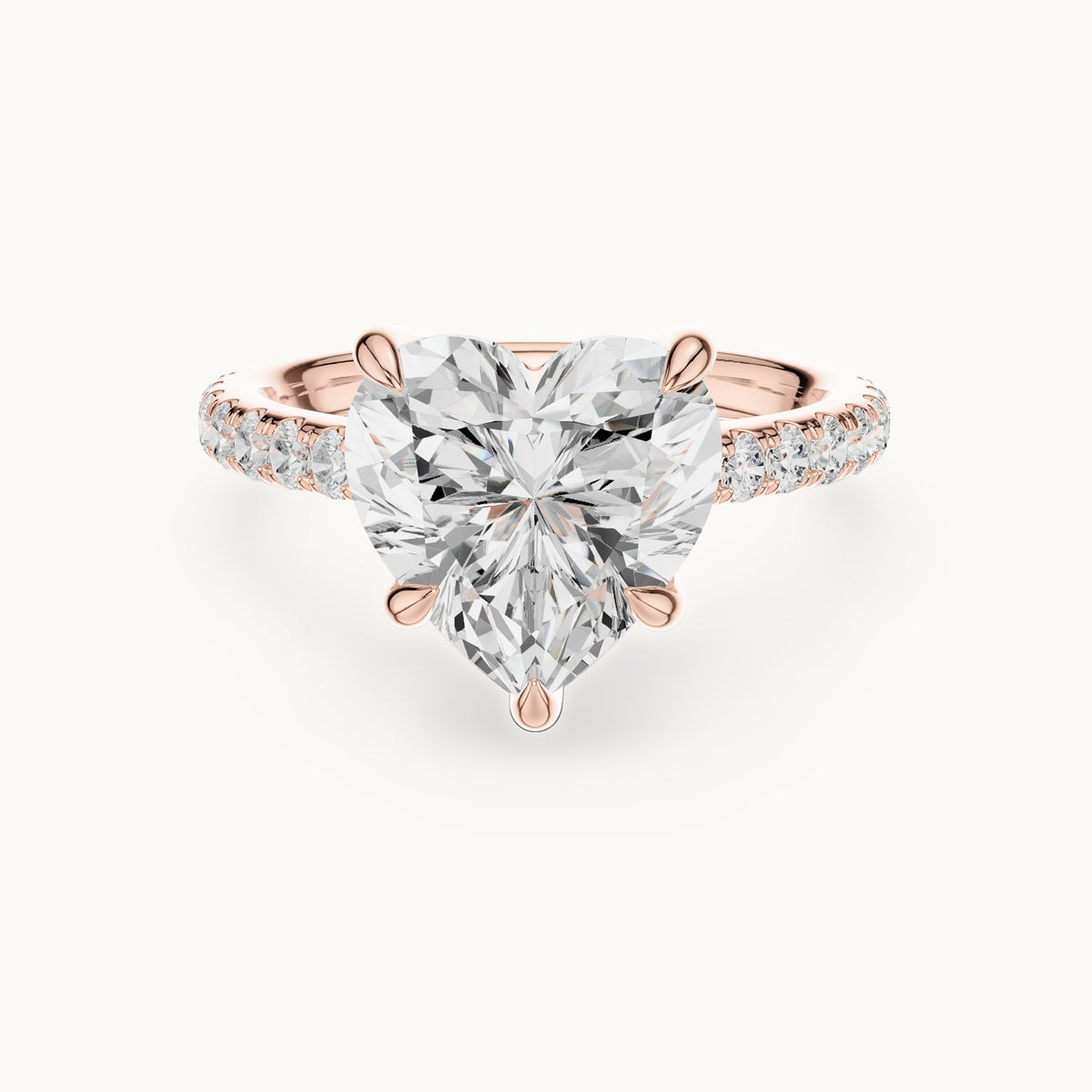 Heart and round lab-grown diamond hidden halo pavé engagement ring in rose gold, 4.476 CT TW, view 4