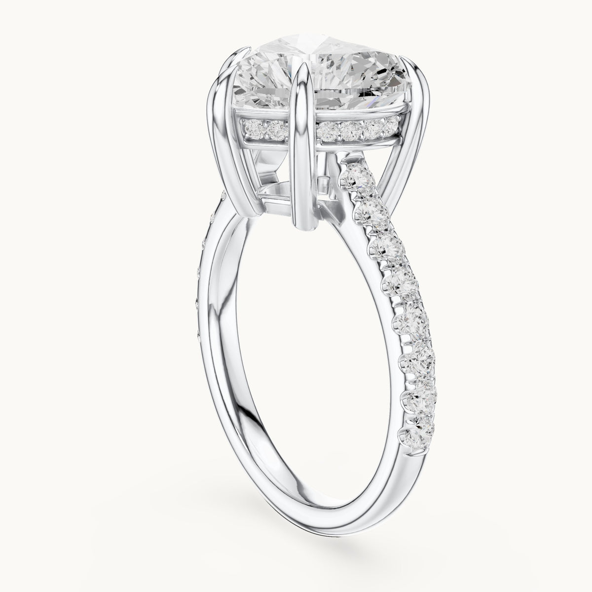 Heart and round lab-grown diamond hidden halo pavé engagement ring in white gold, 4.476 CT TW, view 1