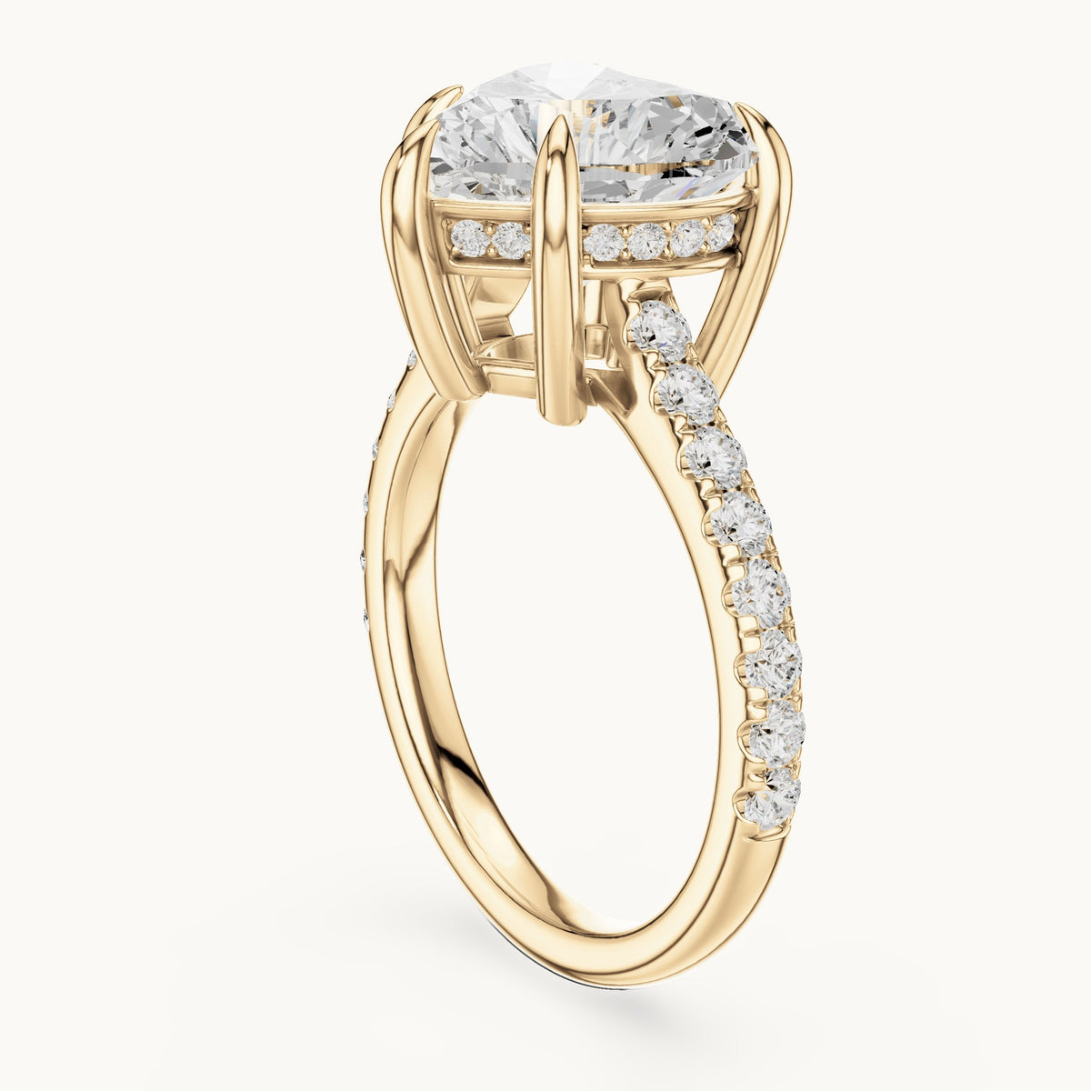 Heart and round lab-grown diamond hidden halo pavé engagement ring in yellow gold, 4.476 CT TW, view 1