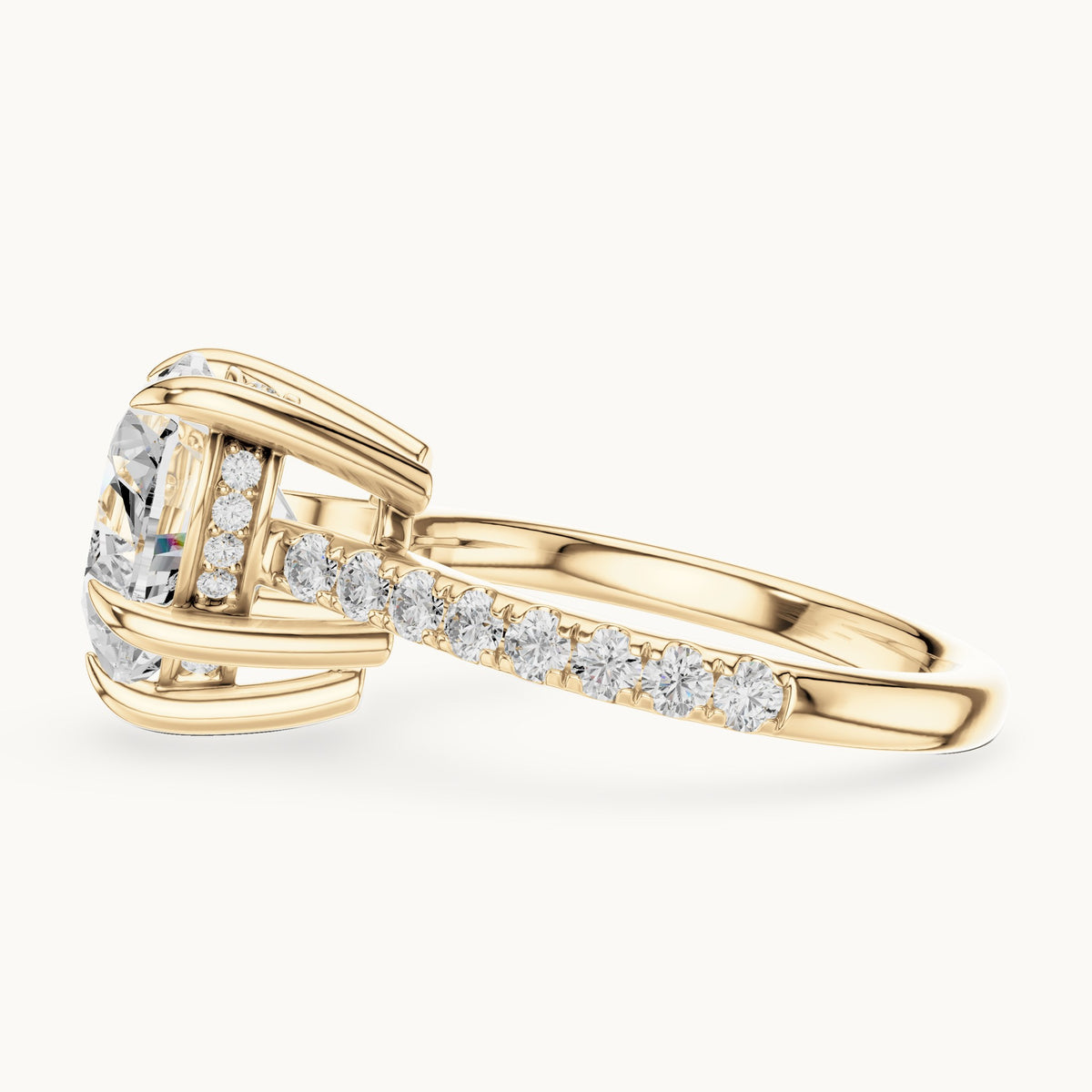 Heart and round lab-grown diamond hidden halo pavé engagement ring in yellow gold, 4.476 CT TW, view 3