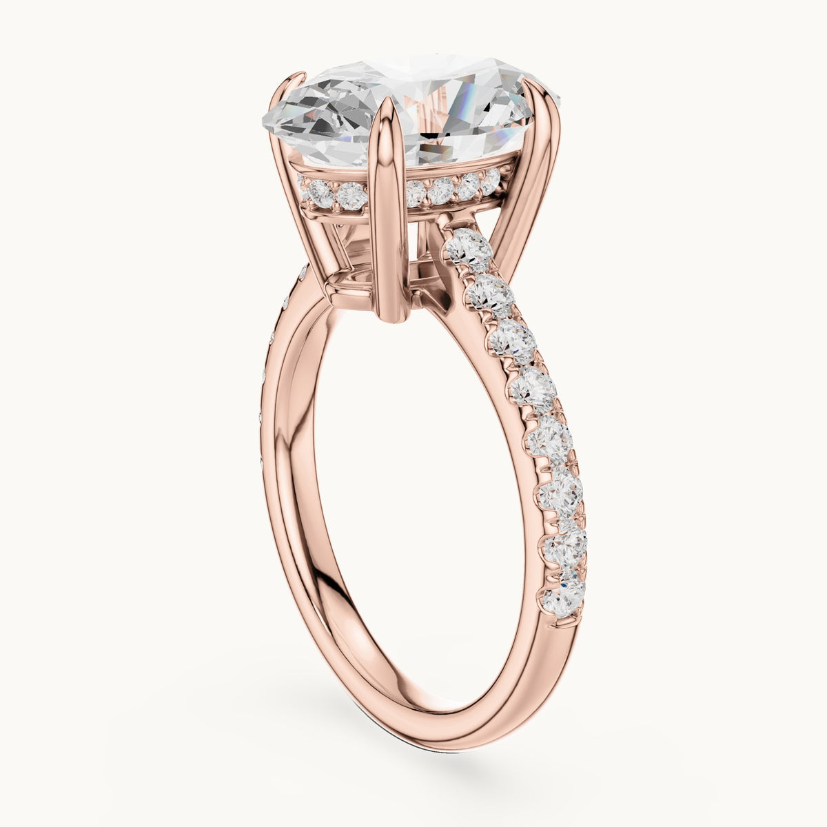 Oval and round lab-grown diamond hidden halo pavé engagement ring in rose gold, 4.576 CT TW, view 1