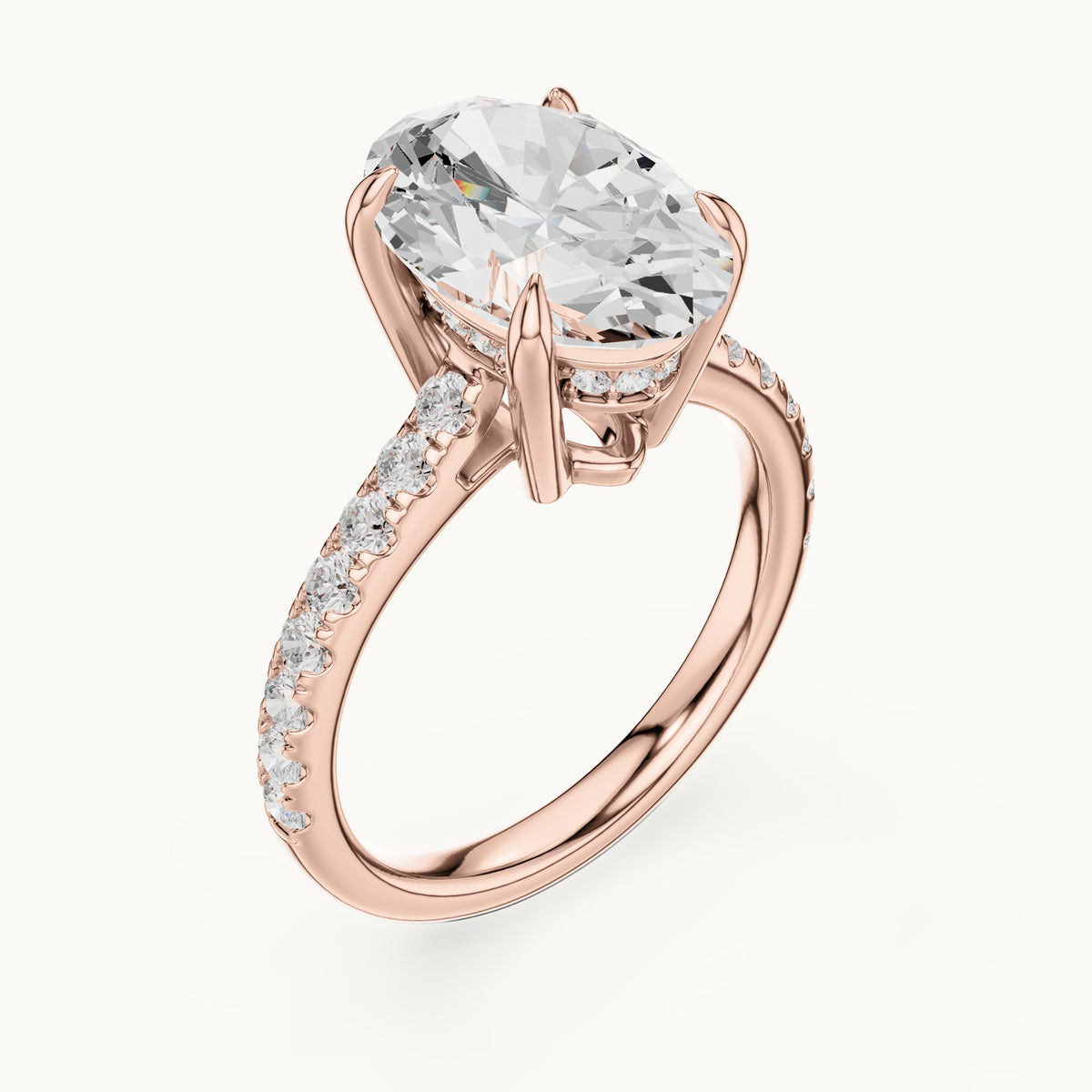 Oval and round lab-grown diamond hidden halo pavé engagement ring in rose gold, 4.576 CT TW, view 2