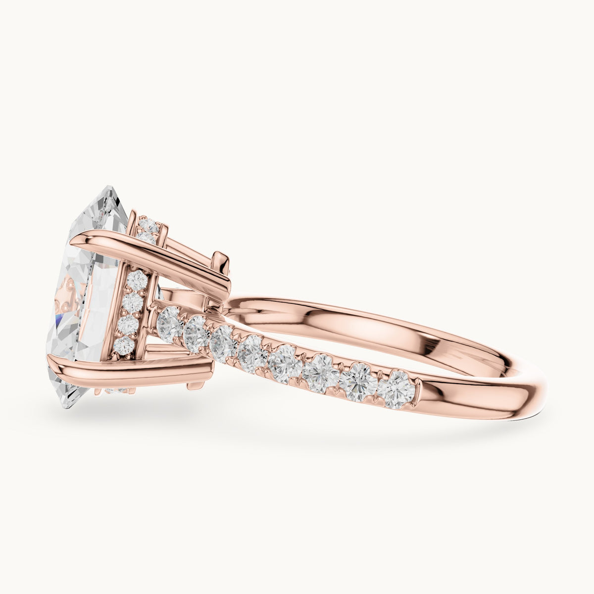 Oval and round lab-grown diamond hidden halo pavé engagement ring in rose gold, 4.576 CT TW, view 3