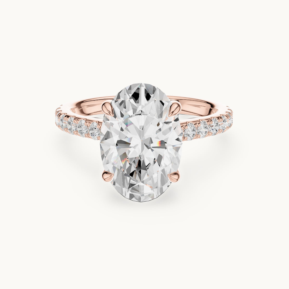 Oval and round lab-grown diamond hidden halo pavé engagement ring in rose gold, 4.576 CT TW, view 4