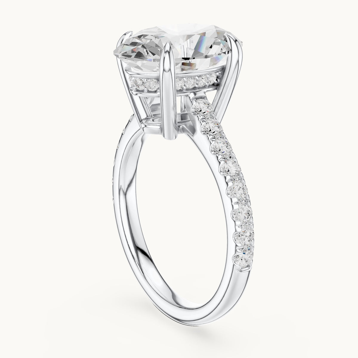 Oval and round lab-grown diamond hidden halo pavé engagement ring in white gold, 4.576 CT TW, view 1