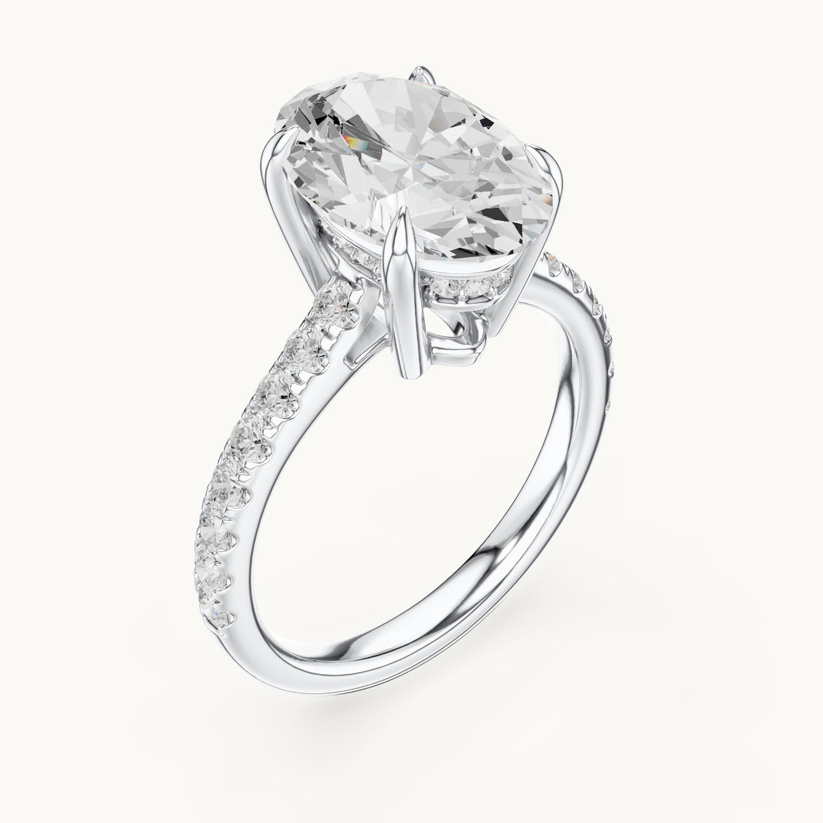 Oval and round lab-grown diamond hidden halo pavé engagement ring in white gold, 4.576 CT TW, view 2