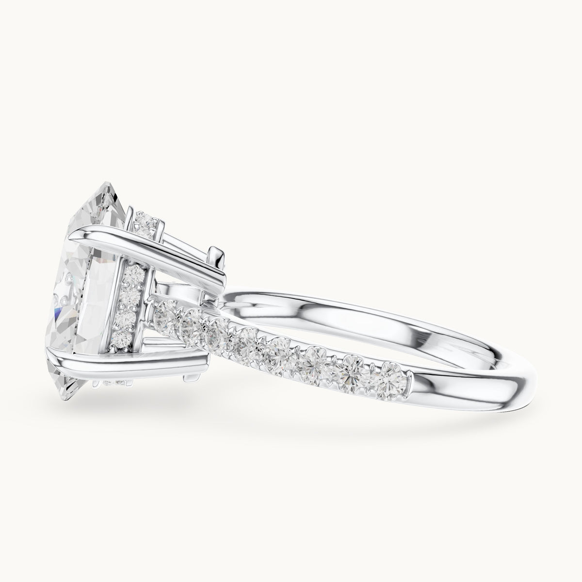 Oval and round lab-grown diamond hidden halo pavé engagement ring in white gold, 4.576 CT TW, view 3