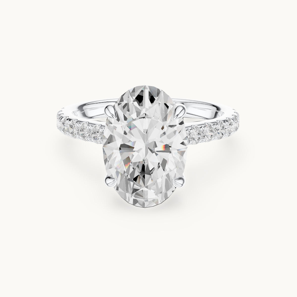 Oval and round lab-grown diamond hidden halo pavé engagement ring in white gold, 4.576 CT TW, view 4
