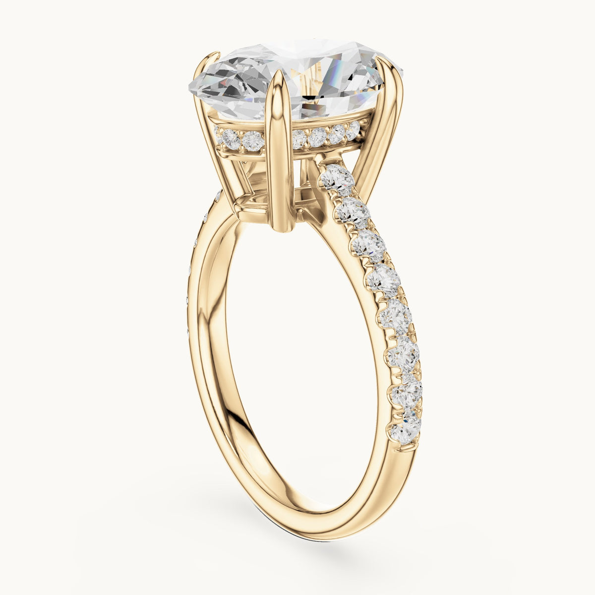 Oval and round lab-grown diamond hidden halo pavé engagement ring in yellow gold, 4.576 CT TW, view 1