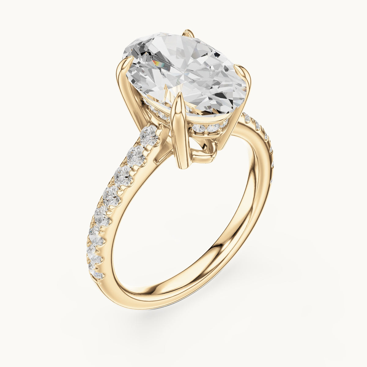 Oval and round lab-grown diamond hidden halo pavé engagement ring in yellow gold, 4.576 CT TW, view 2