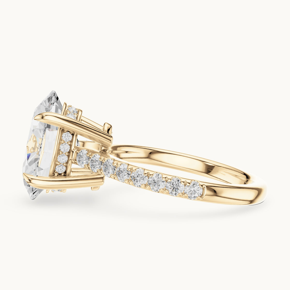 Oval and round lab-grown diamond hidden halo pavé engagement ring in yellow gold, 4.576 CT TW, view 3