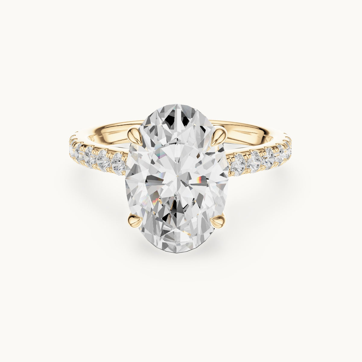 Oval and round lab-grown diamond hidden halo pavé engagement ring in yellow gold, 4.576 CT TW, view 4