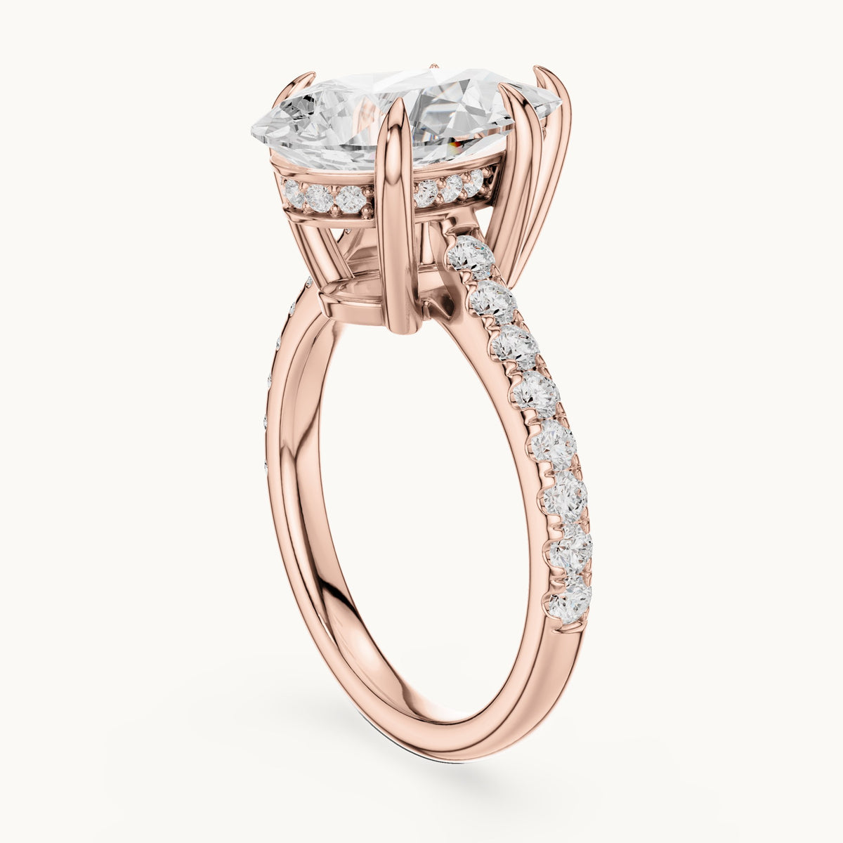Pear and round lab-grown diamond hidden halo pavé engagement ring in rose gold, 3.87 CT TW, view 1