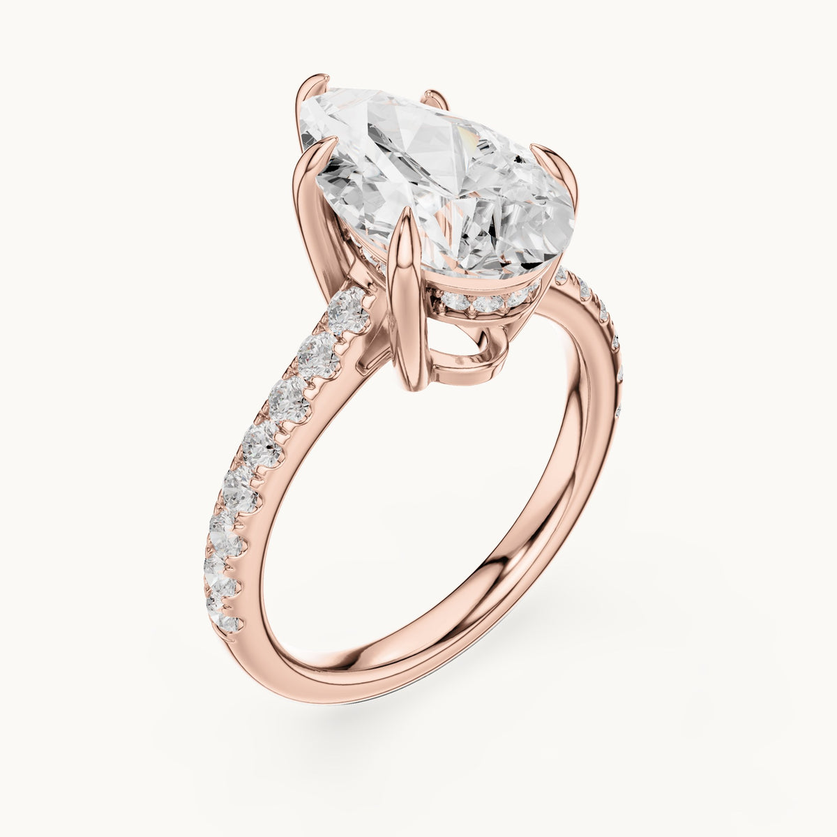 Pear and round lab-grown diamond hidden halo pavé engagement ring in rose gold, 3.87 CT TW, view 2