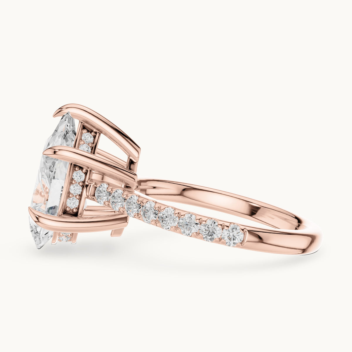 Pear and round lab-grown diamond hidden halo pavé engagement ring in rose gold, 3.87 CT TW, view 3