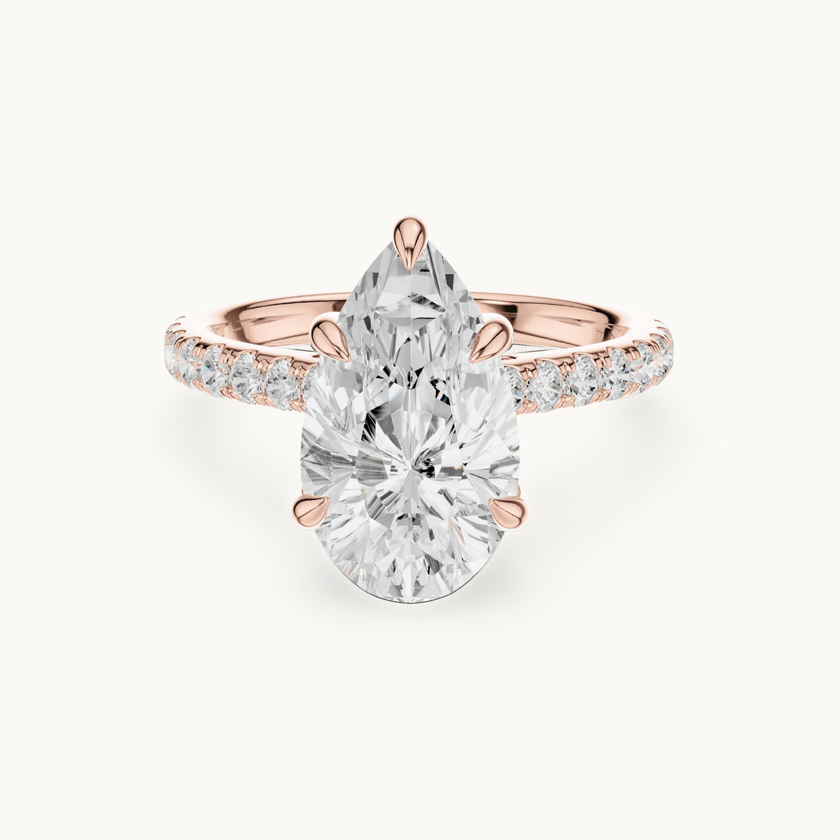 Pear and round lab-grown diamond hidden halo pavé engagement ring in rose gold, 3.87 CT TW, view 4