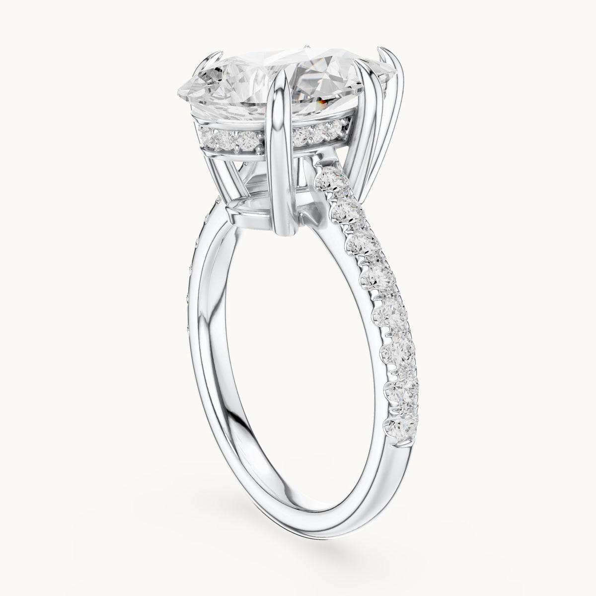 Pear and round lab-grown diamond hidden halo pavé engagement ring in white gold, 3.87 CT TW, view 1
