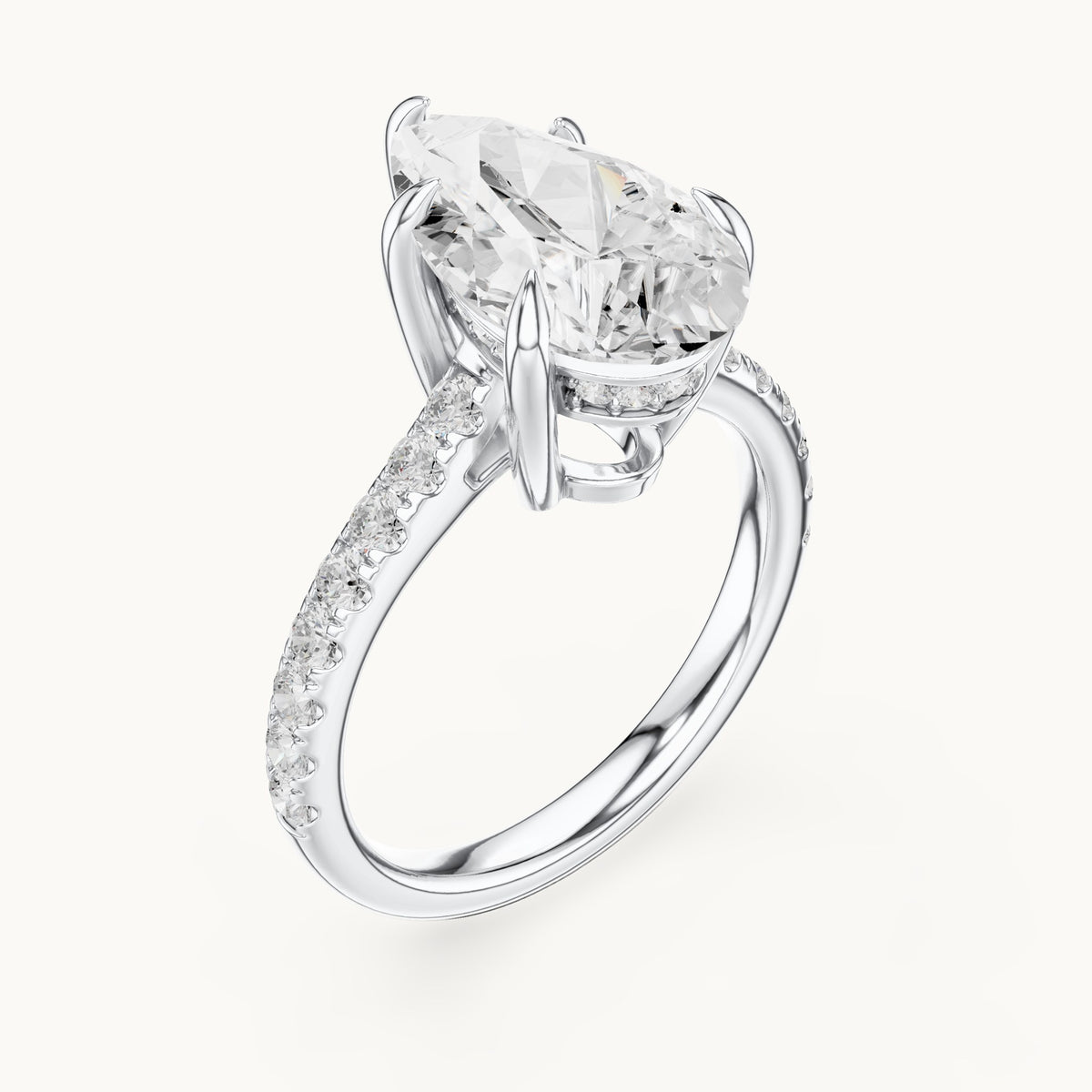 Pear and round lab-grown diamond hidden halo pavé engagement ring in white gold, 3.87 CT TW, view 2