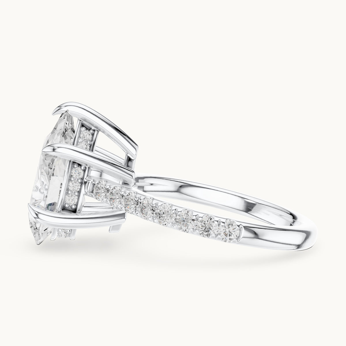 Pear and round lab-grown diamond hidden halo pavé engagement ring in white gold, 3.87 CT TW, view 3