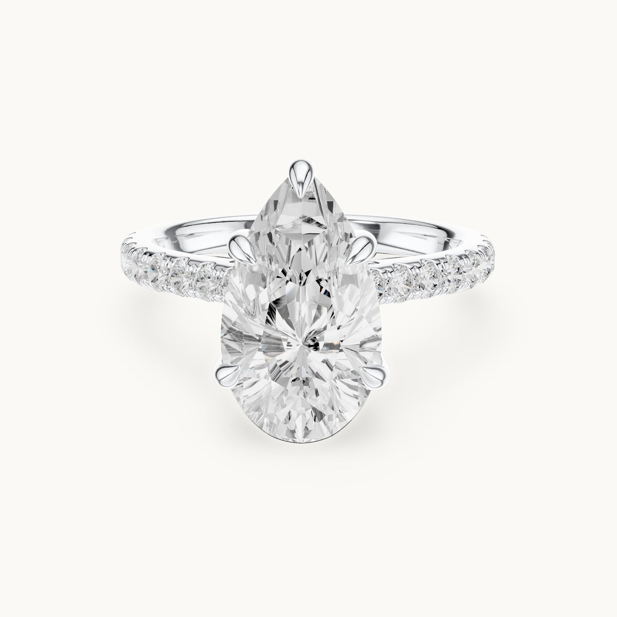 Pear and round lab-grown diamond hidden halo pavé engagement ring in white gold, 3.87 CT TW, view 4