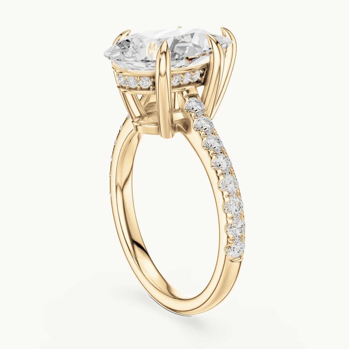 Pear and round lab-grown diamond hidden halo pavé engagement ring in yellow gold, 3.87 CT TW, view 1