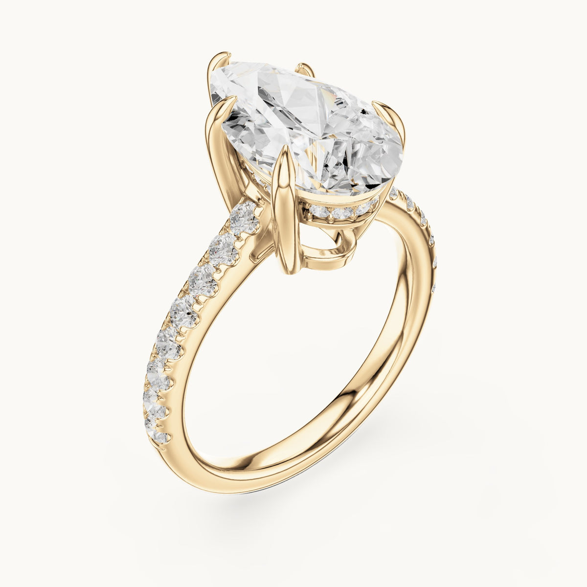 Pear and round lab-grown diamond hidden halo pavé engagement ring in yellow gold, 3.87 CT TW, view 2