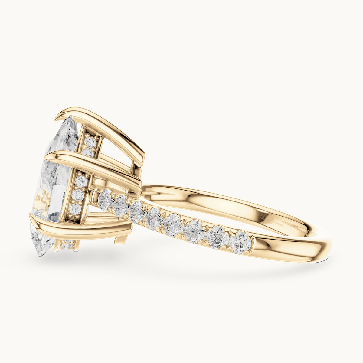Pear and round lab-grown diamond hidden halo pavé engagement ring in yellow gold, 3.87 CT TW, view 3