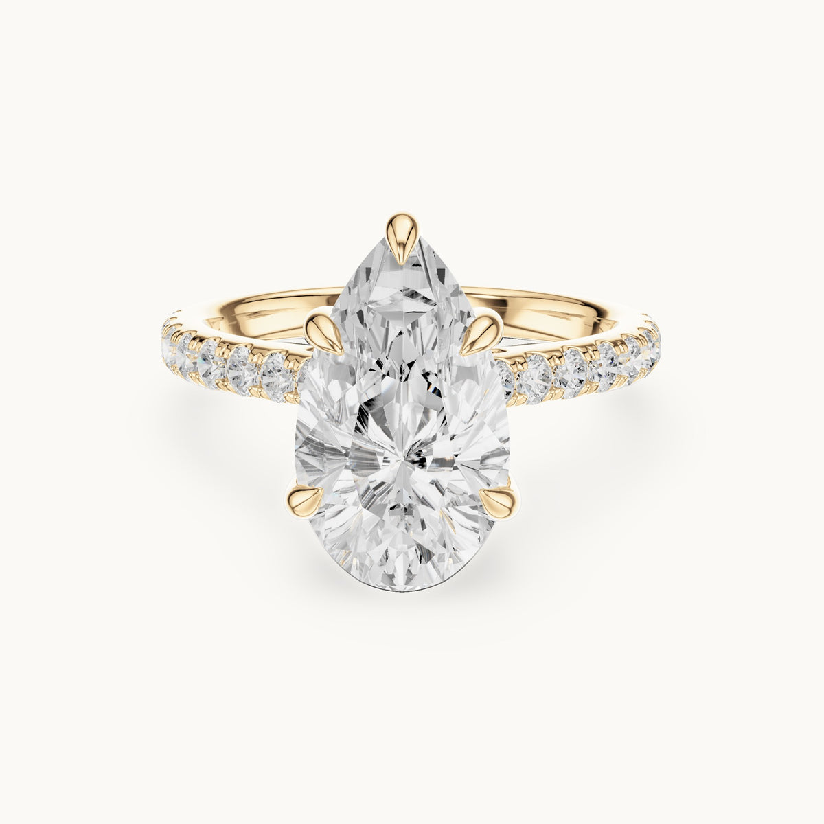 Pear and round lab-grown diamond hidden halo pavé engagement ring in yellow gold, 3.87 CT TW, view 4