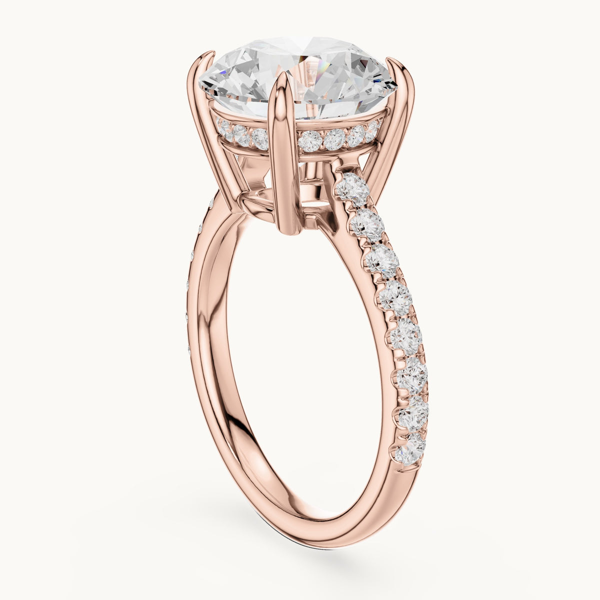 Round lab-grown diamond hidden halo pavé engagement ring in rose gold, 4.576 CT TW, view 1