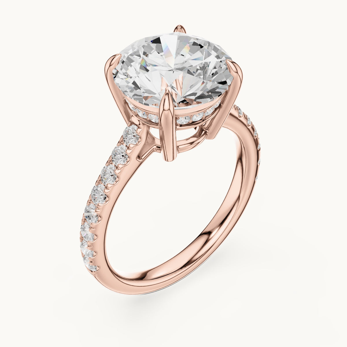 Round lab-grown diamond hidden halo pavé engagement ring in rose gold, 4.576 CT TW, view 2
