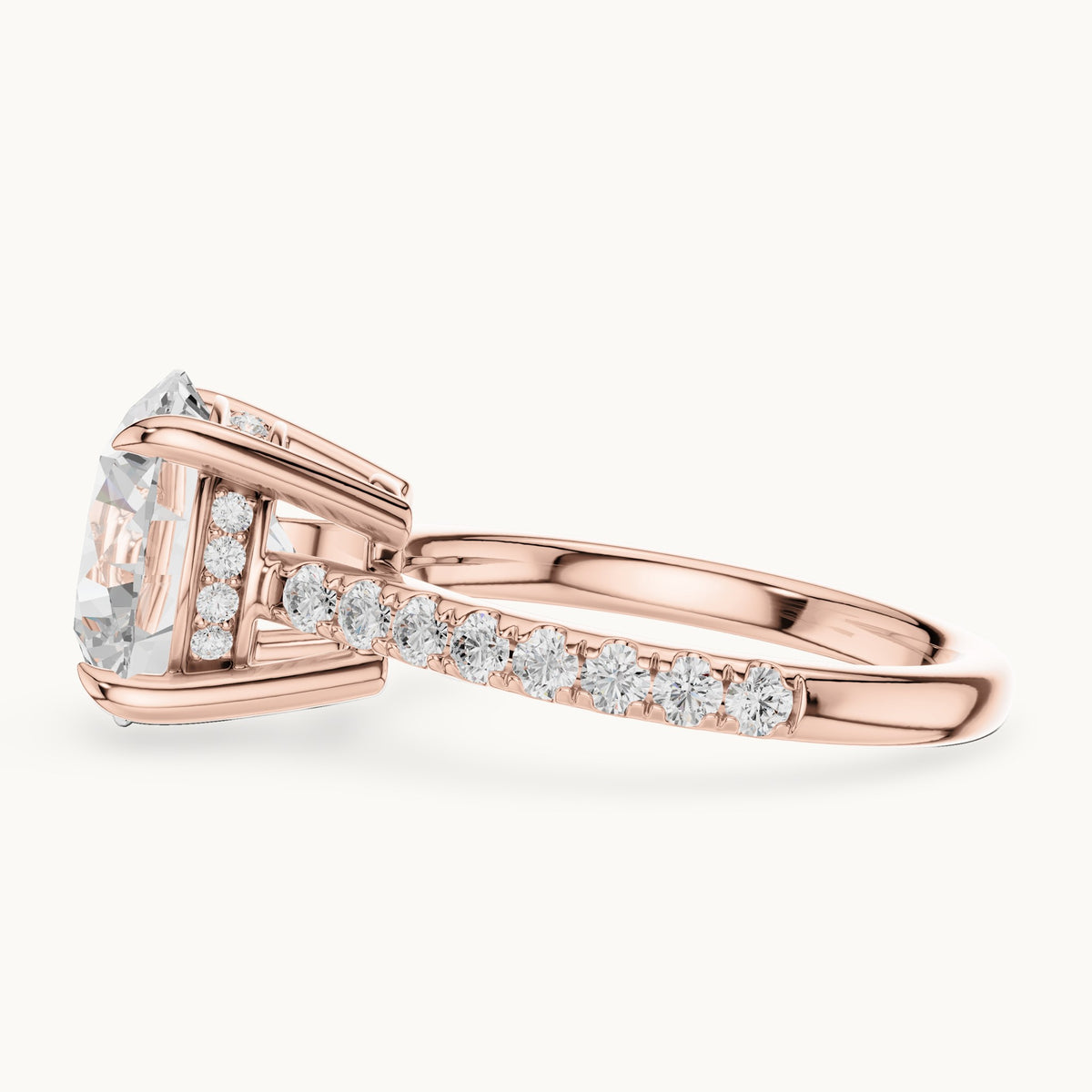 Round lab-grown diamond hidden halo pavé engagement ring in rose gold, 4.576 CT TW, view 3