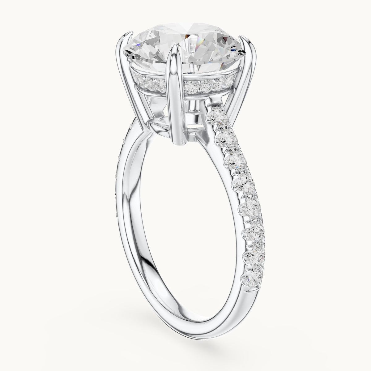 Round lab-grown diamond hidden halo pavé engagement ring in white gold, 4.576 CT TW, view 1
