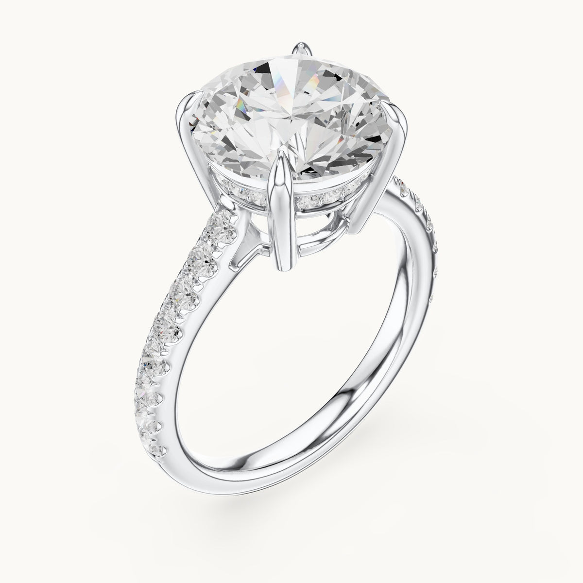 Round lab-grown diamond hidden halo pavé engagement ring in white gold, 4.576 CT TW, view 2