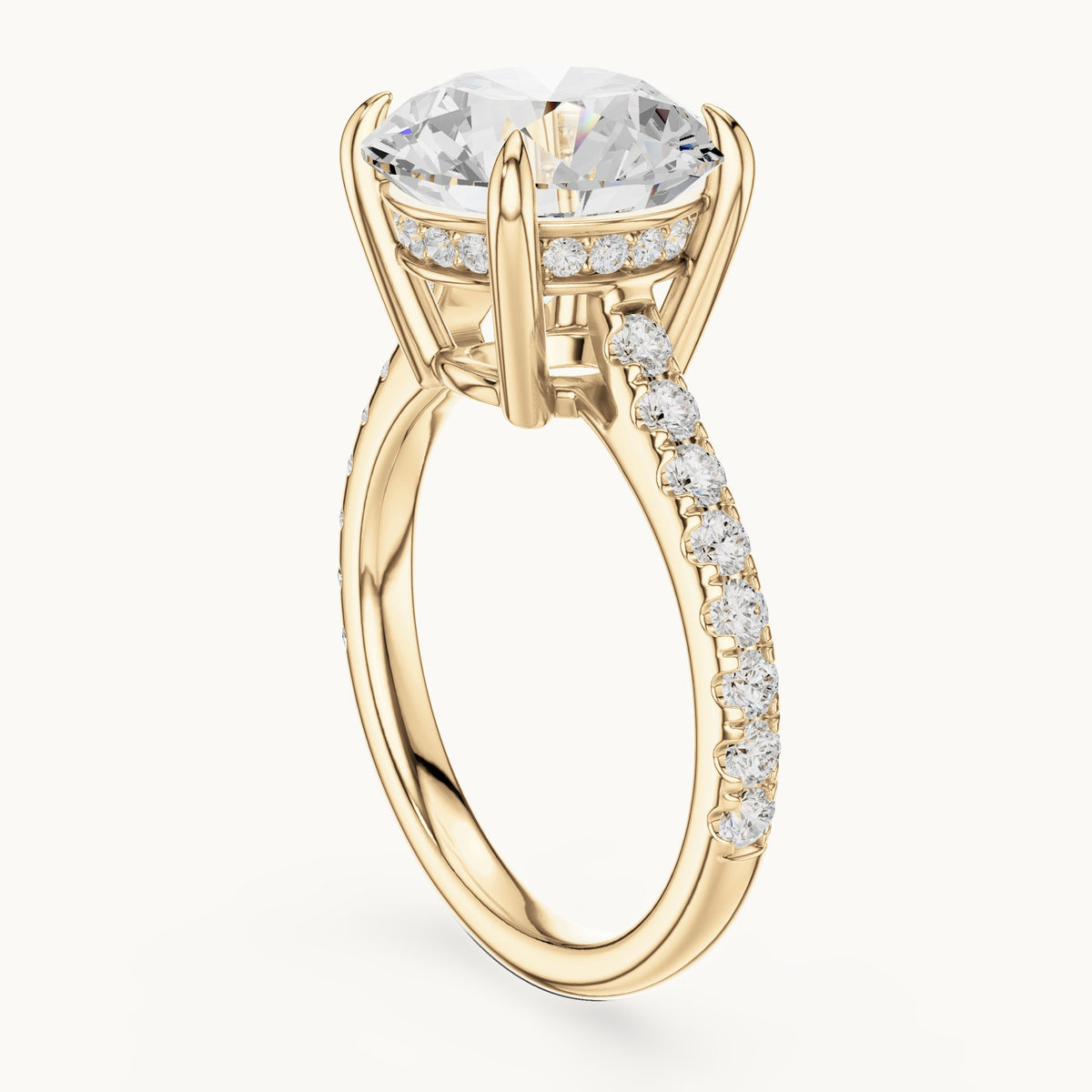 Round lab-grown diamond hidden halo pavé engagement ring in yellow gold, 4.576 CT TW, view 1