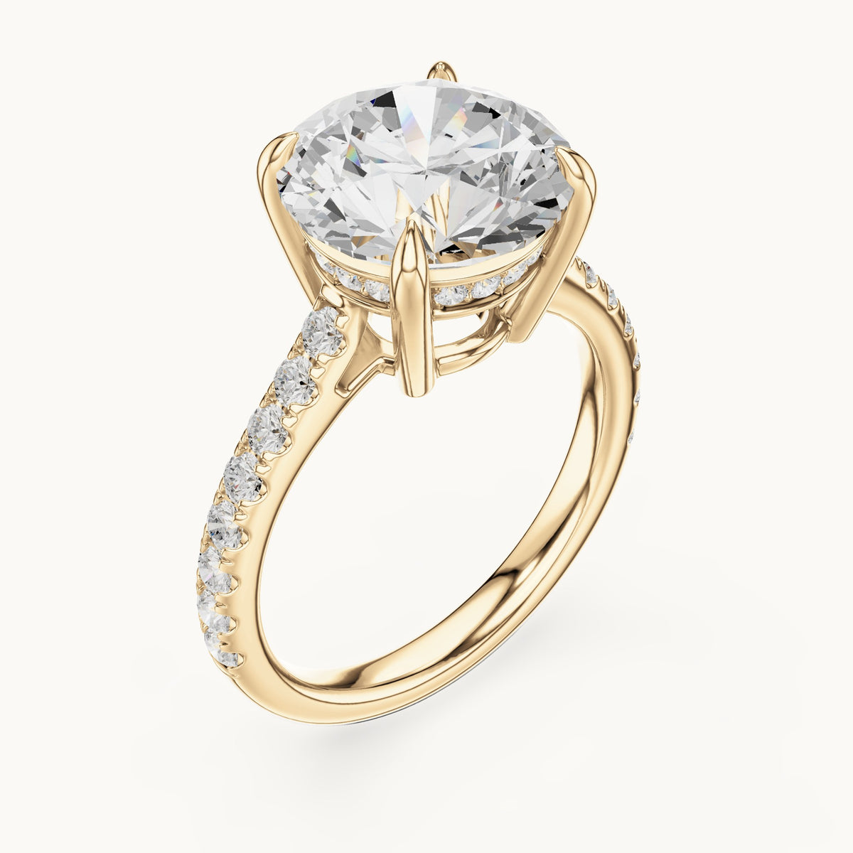 Round lab-grown diamond hidden halo pavé engagement ring in yellow gold, 4.576 CT TW, view 2