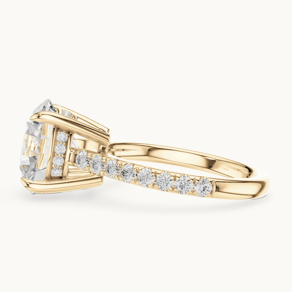 Round lab-grown diamond hidden halo pavé engagement ring in yellow gold, 4.576 CT TW, view 3